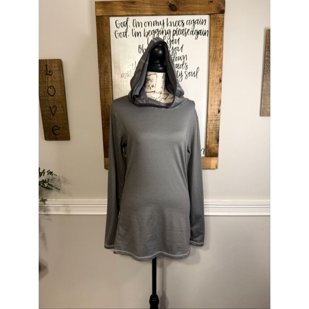Mono B Women's Striped Thumbhole Pullover Athletic Hoodie Top Black Medium NWOT